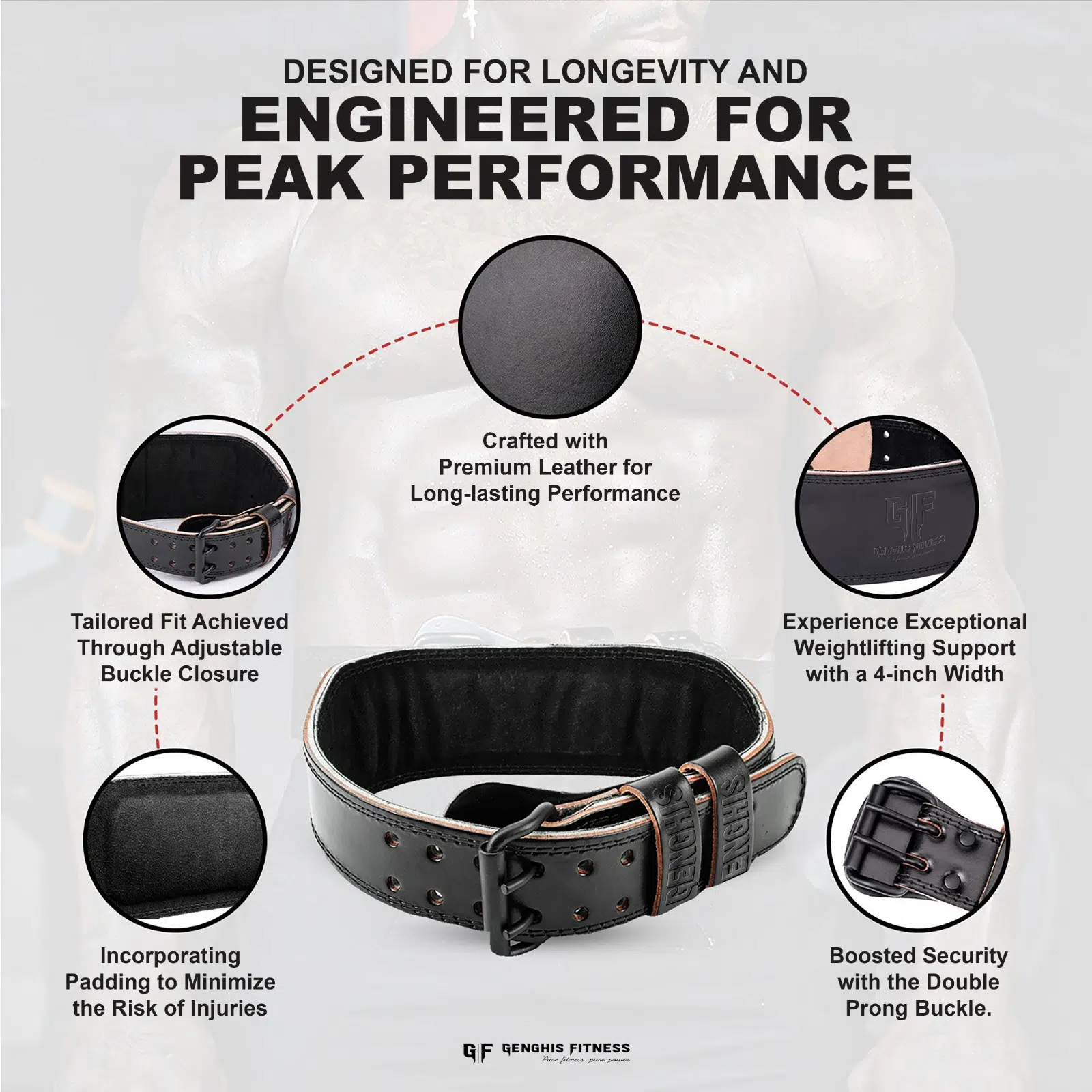 4-Inch Leather Weightlifting Belt | Single-Prong Deadlift Belt 2 Genghis Fitness 4 Inch Leather Weightlifting Belt Front View
