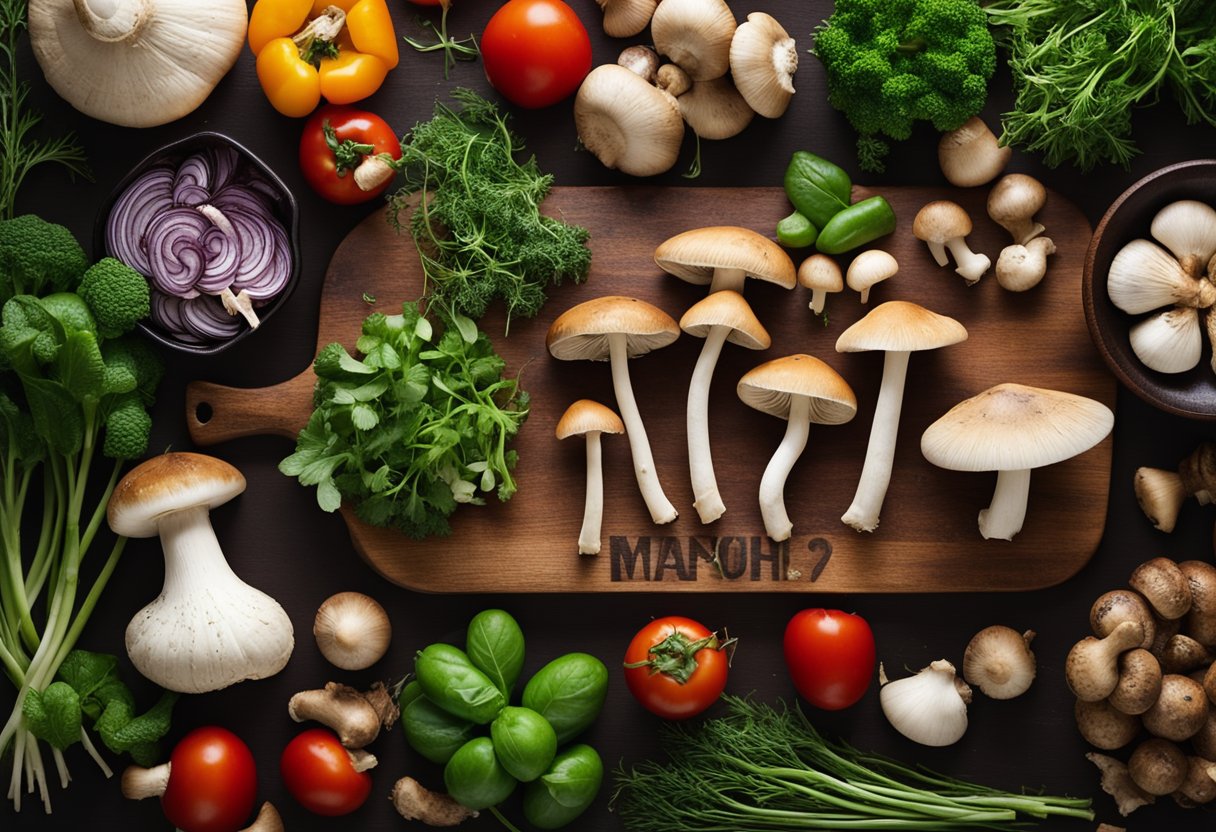 A variety of mushrooms arranged on a wooden cutting board, surrounded by fresh herbs and vegetables, with a label indicating their health benefits